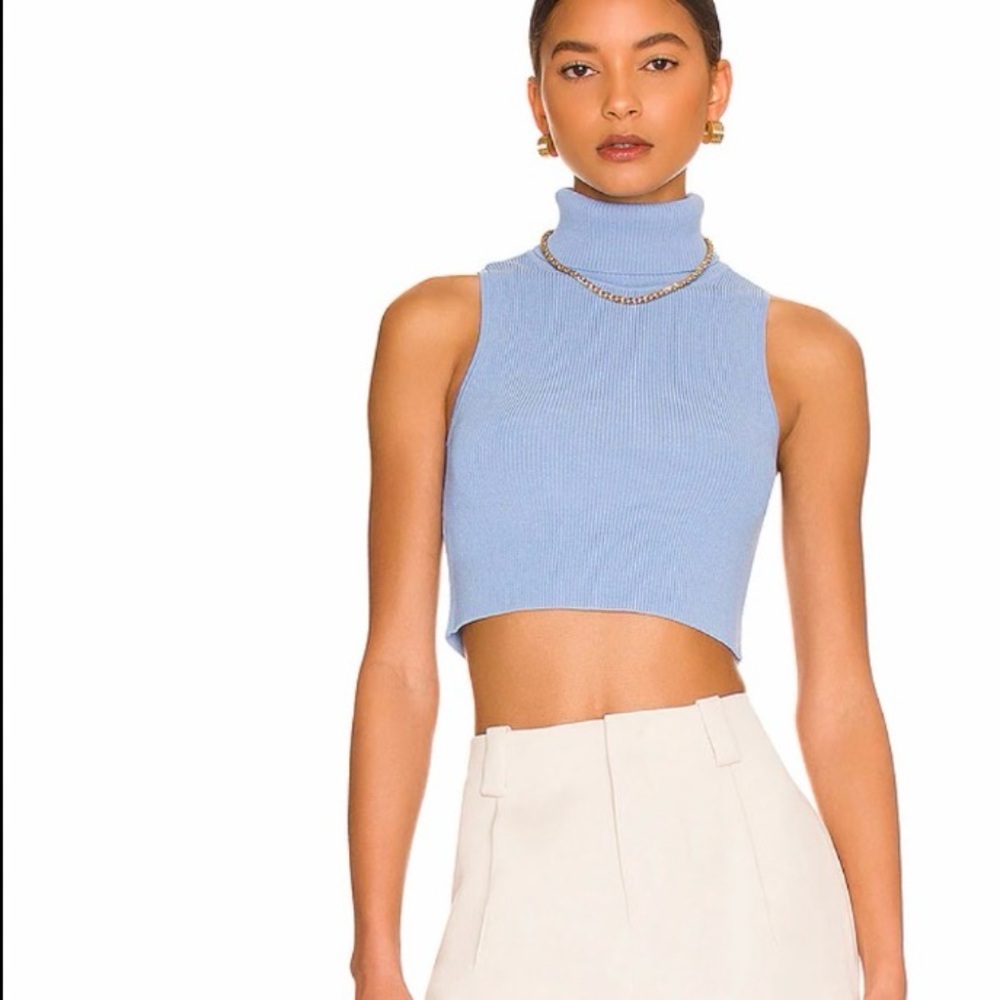 Bardot Sky Blue Ribbed Sleeveless Turtleneck Crop Top